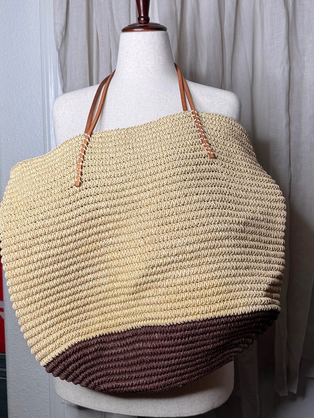 BLUE Saks Fifth Avenue XL Two-Tone Straw Tote Tan Leather Strap